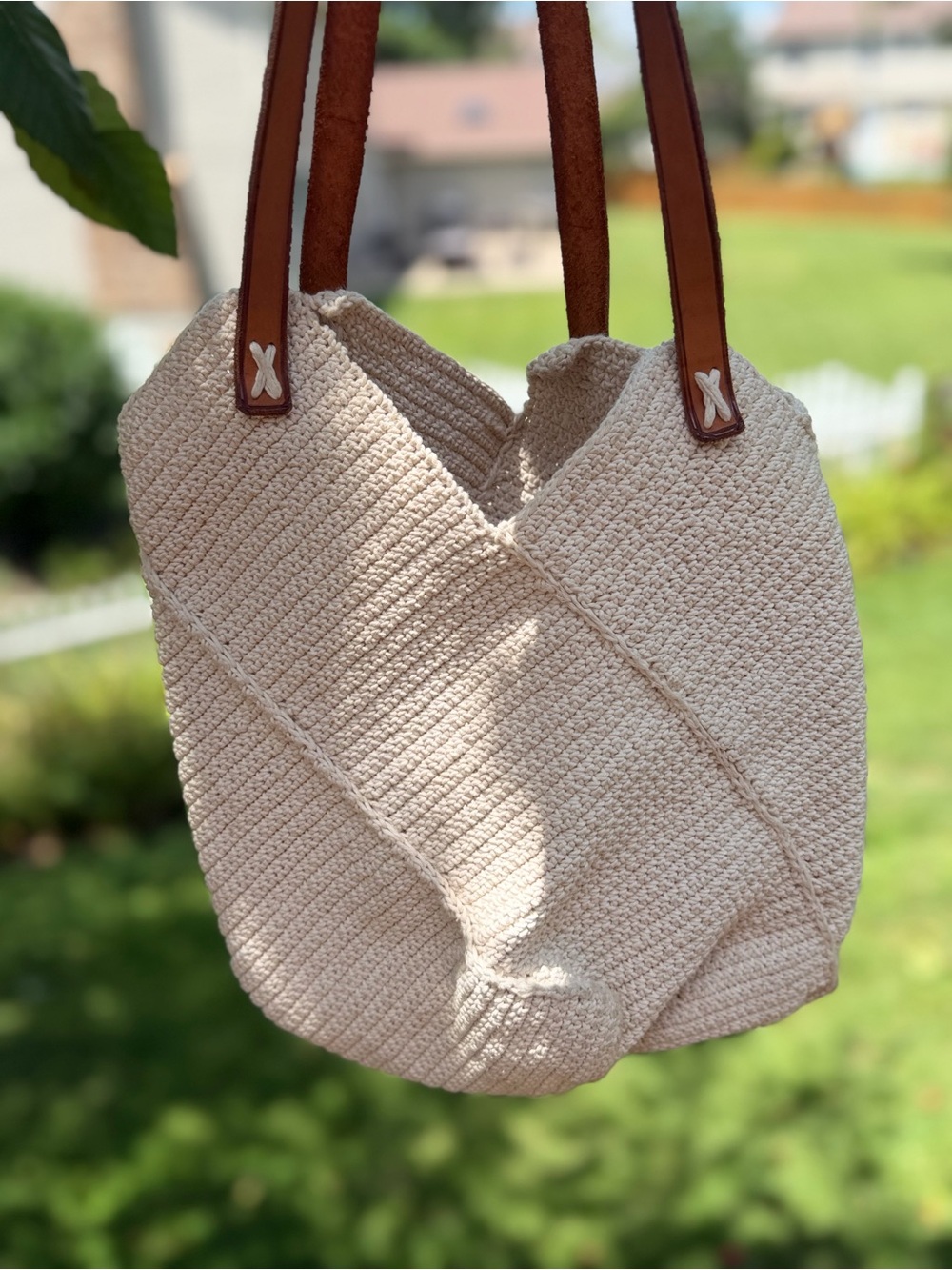 Hand Crafted Cream Crochet Tote with Brown Leather Straps